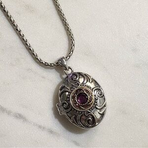 Large Antique Silver Tone Locket with Purple Center Rhinestone on Wheat Chain